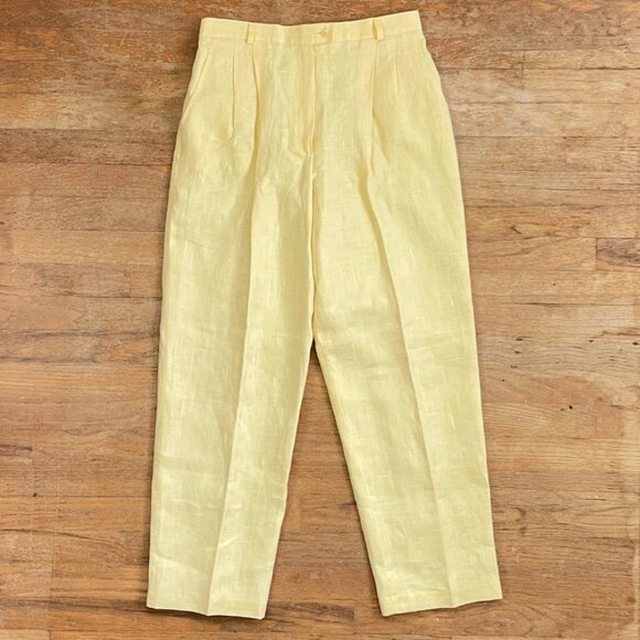 Vintage High Waist Linen Pants Size Large 12P 30" Waist Yellow Double Pleated  H